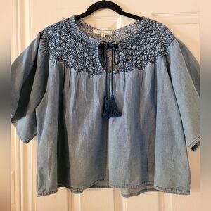 Denim Smocked Yoke Peasant Tunic